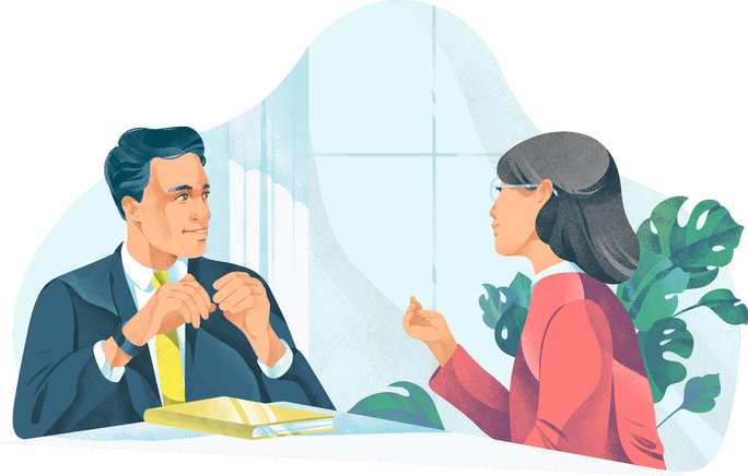 Illustration of a professional business meeting taking place in a modern office setting. The scene features two individuals engaged in a discussion, highlighting collaboration and communication in a professional environment.